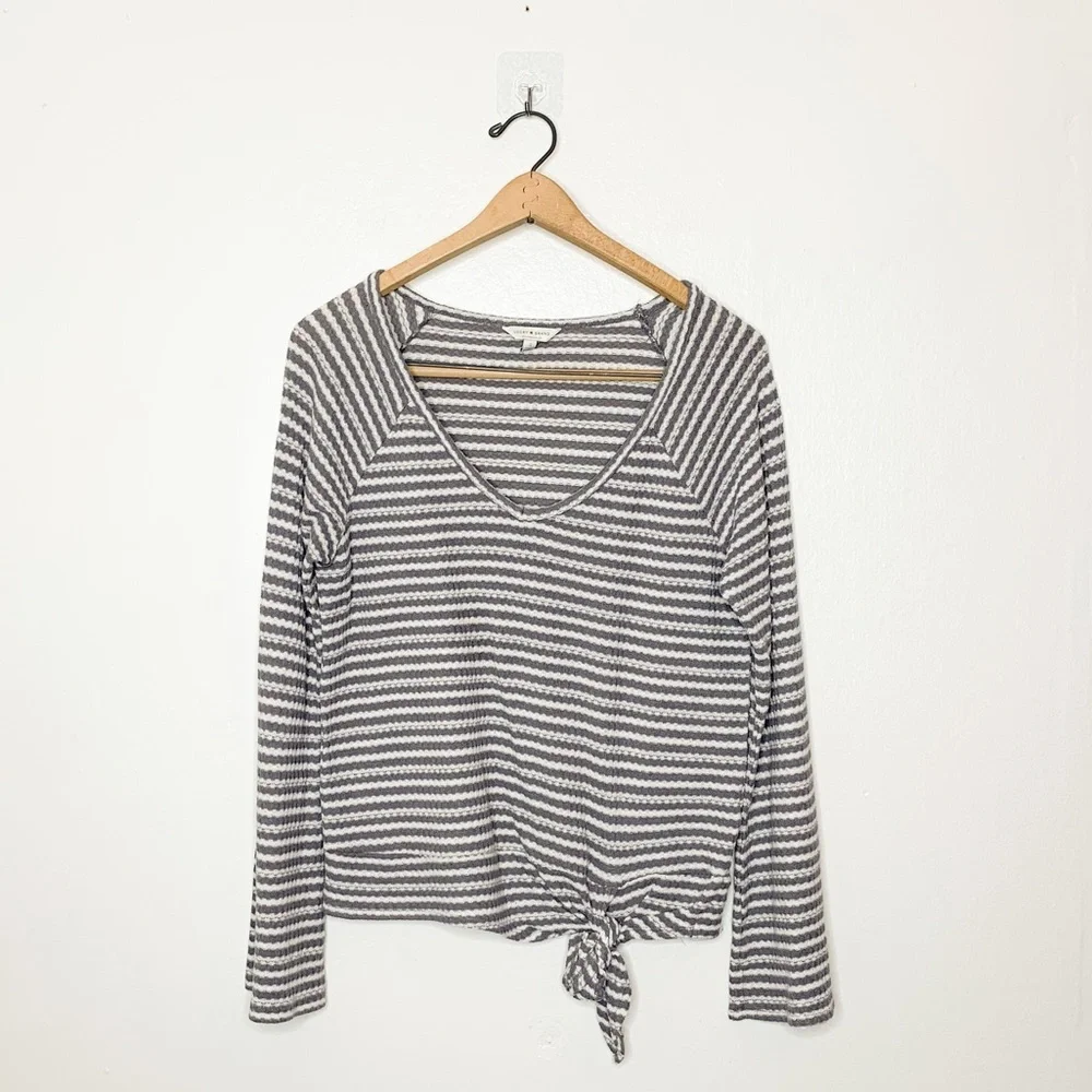 Lucky Brand Waffle Knit‎ Grey Stripe Tie Front Sweater Small S